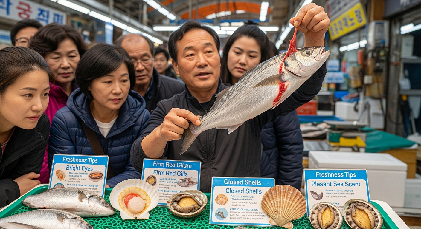 시장 상인이 해산물 신선도를 체크하는 방법을 시연하는 모습