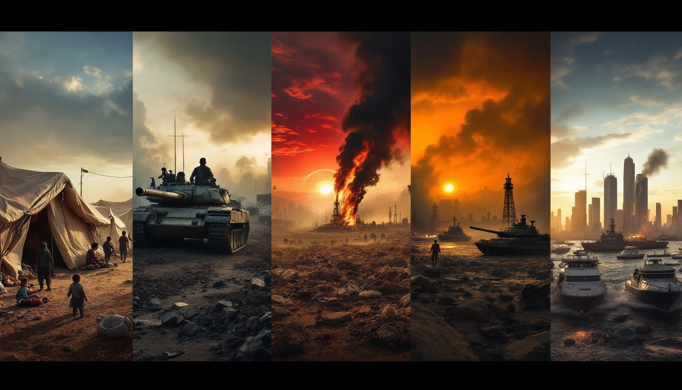 난민촌과 전차 도시 전투 유전 화염 시위와 보트 현대 도시 스모그를 한 이미지로 연결한 연대표 몽타주