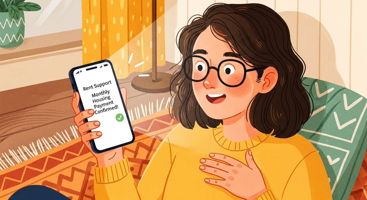 청년이 청년월세 지원 선정 문자 메시지를 받고 기뻐하는 따뜻한 동화풍 일러스트