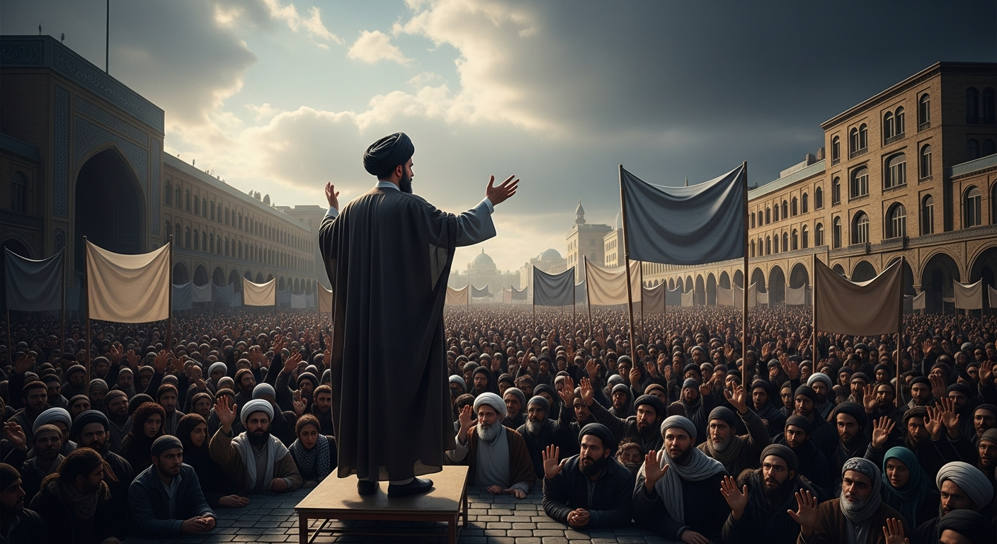 1979년 이란 혁명 당시 성직자가 군중에게 연설하는 대규모 시위 장면