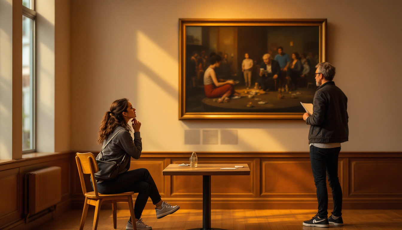 미술관 카페에서 쉬며 작품을 되새기고 작품을 관람하는 세 단계 방법을 실천하는 관람객들