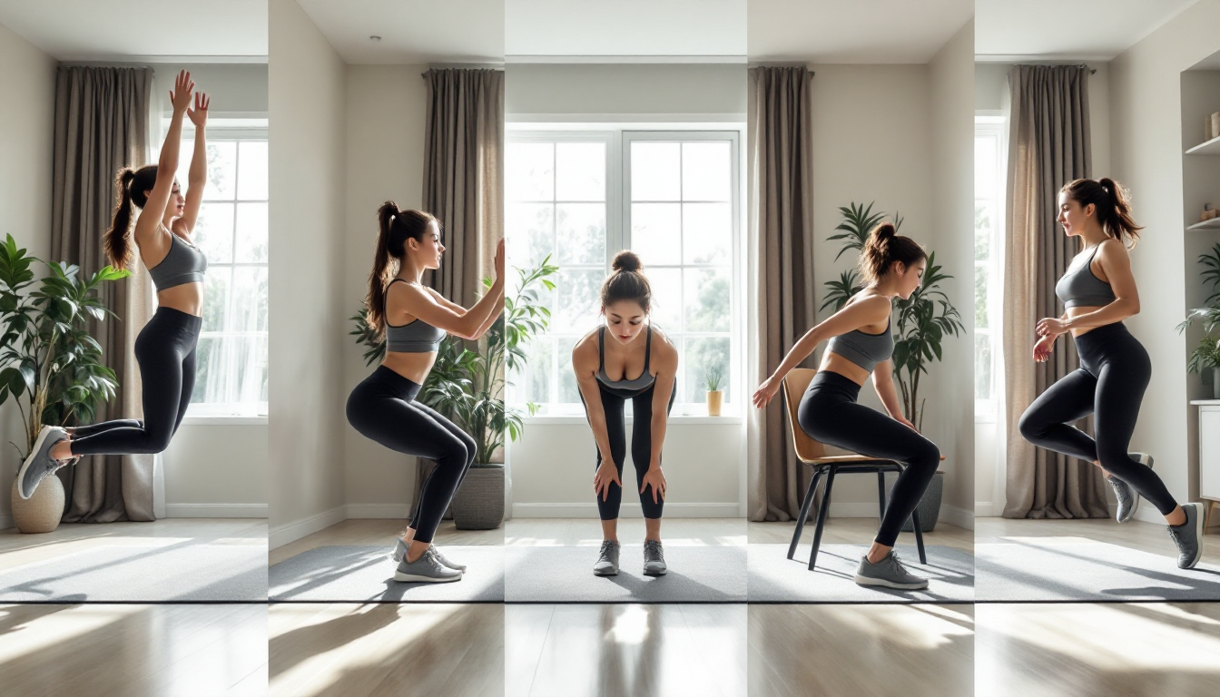 점핑잭 버피 마운틴클라이머 제자리뛰기 스텝업을 각각 시연하는 한국인 여성의 5패널 사진 콜라주 이미지
