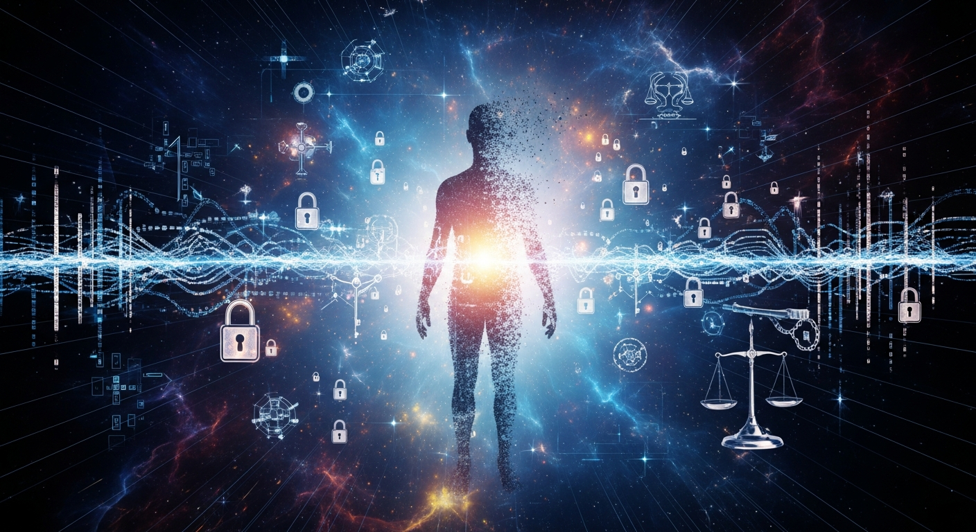 AI 꿈 해석 기술의 미래와 윤리적 도전 과제를 상징하는 이미지