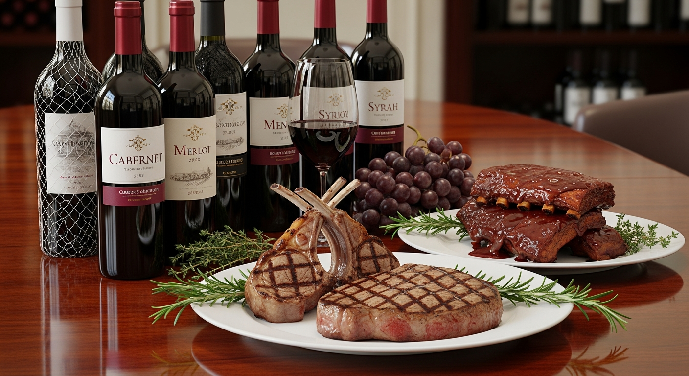 스테이크, 양갈비, 바비큐 립과 함께 진한 육류 요리를 곁들인 풀 바디 레드 와인 병과 포도들이 놓인 고급스러운 이미지