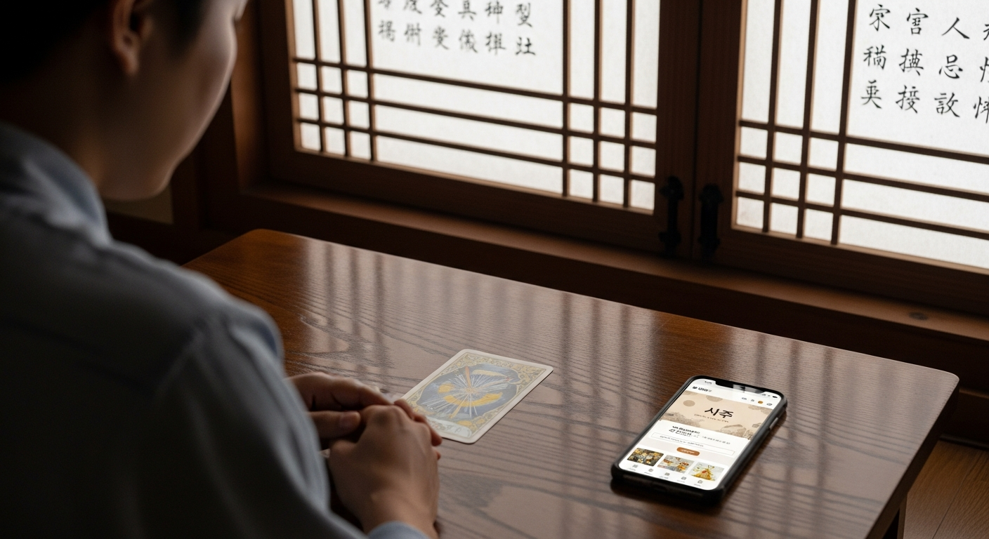 자택에서 한국적 분위기 속에 혼자 타로 리딩과 사주 사이트를 이용하는 모습