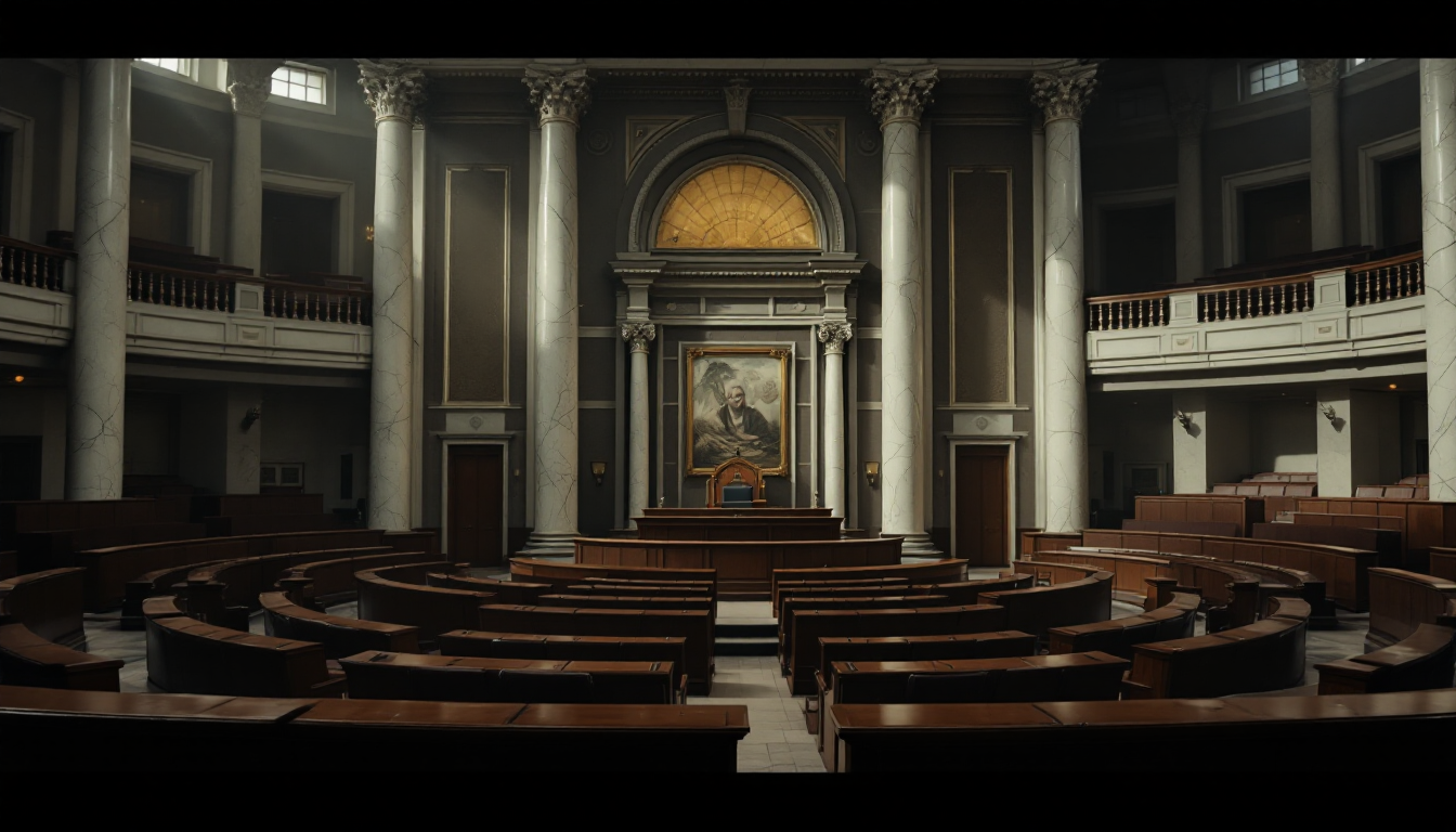 레바논 의회의 공허한 내부 풍경을 통해 정치적 분열과 기능 마비를 시각화한 이미지