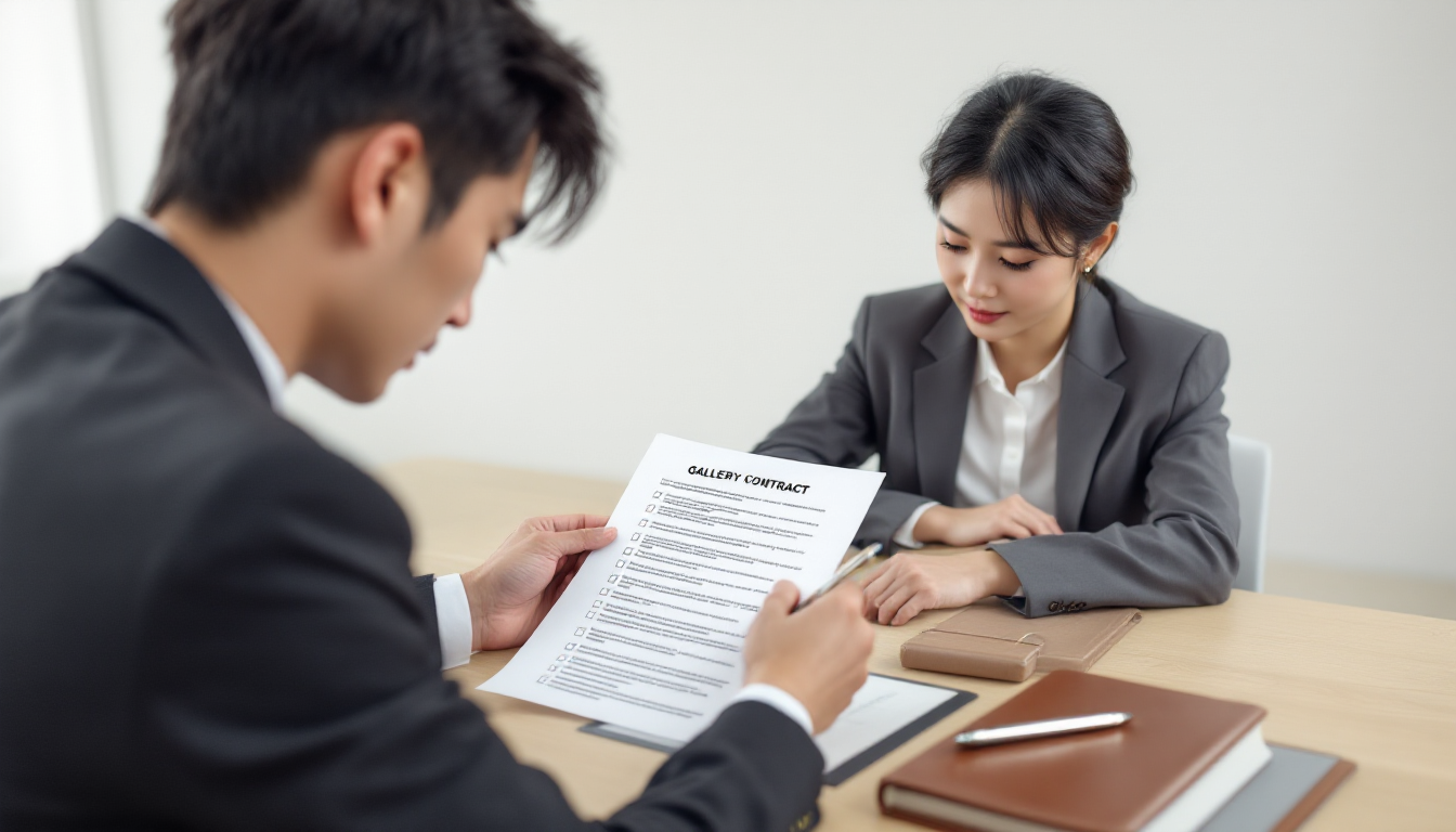 전시 계약서와 체크리스트를 검토하는 작가와 큐레이터의 모습