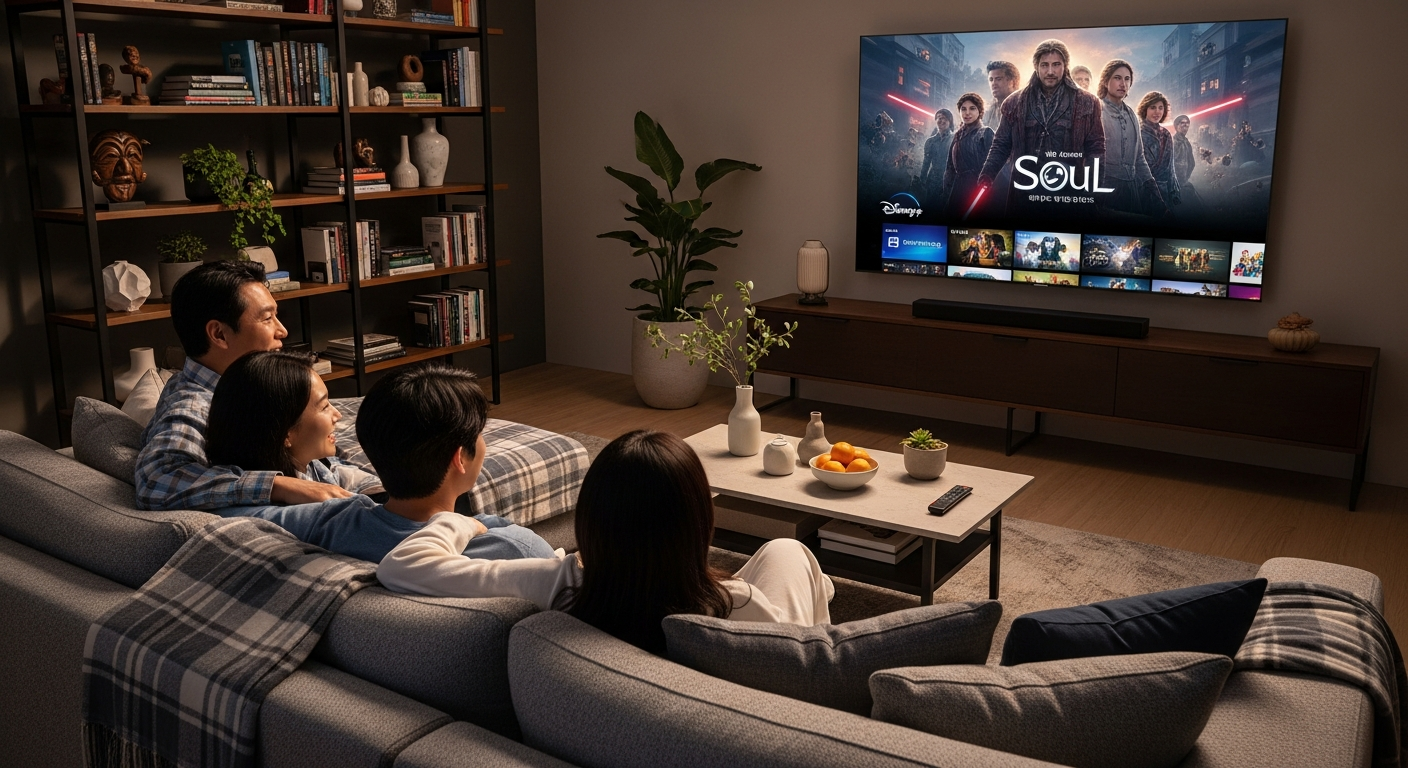 한국 가정에서 대형 4K UHD TV로 디즈니+를 시청하는 모습