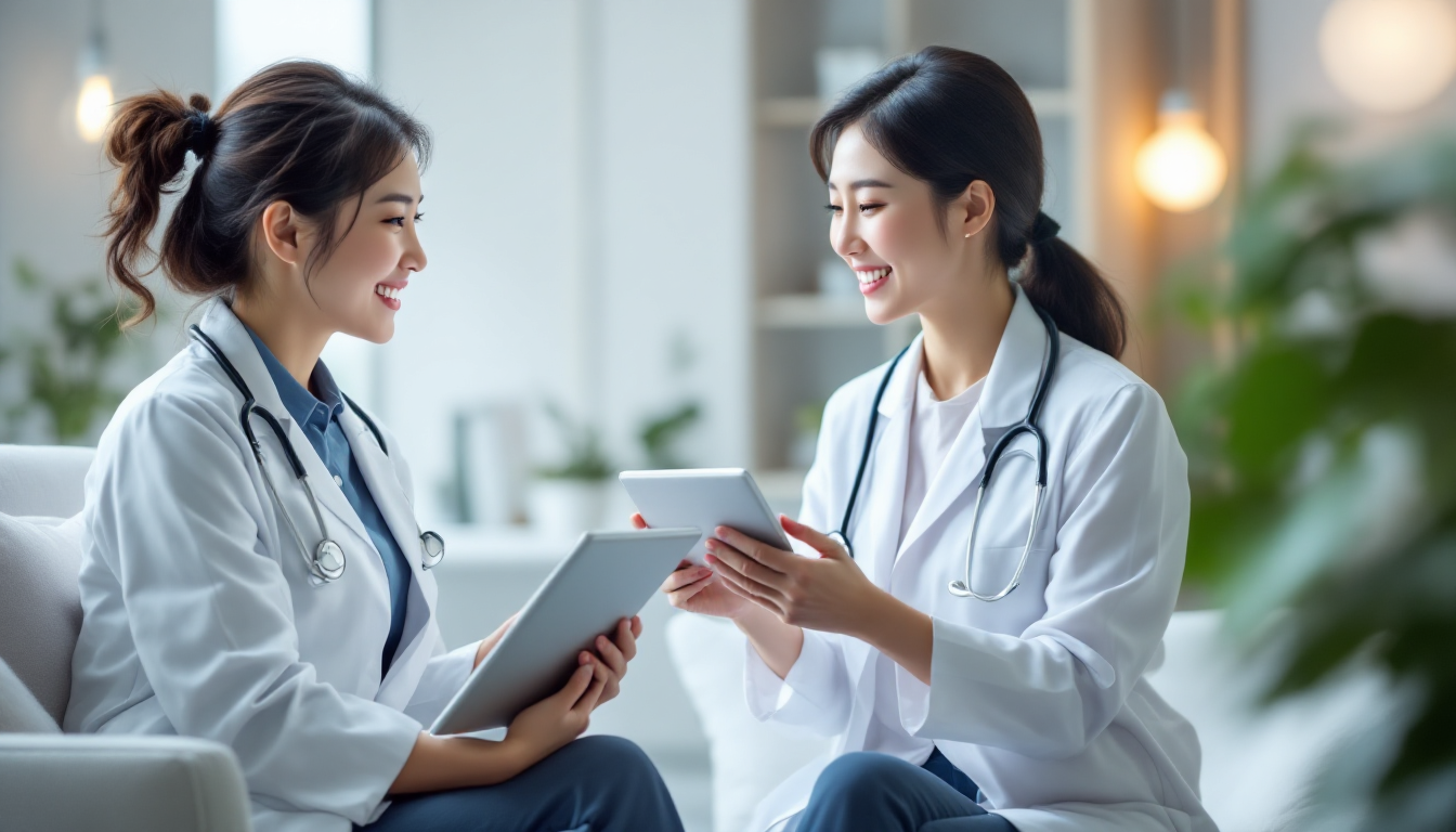 현대적 진료실에서 여성의학 전문의와 상담 중인 중년 한국 여성의 차분한 고화질 실사 장면