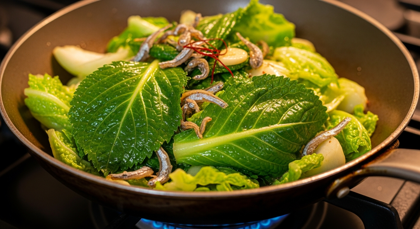 봄동 멸치 지짐 요리 중인 팬 안, 들기름으로 윤기가 나는 봄동과 멸치