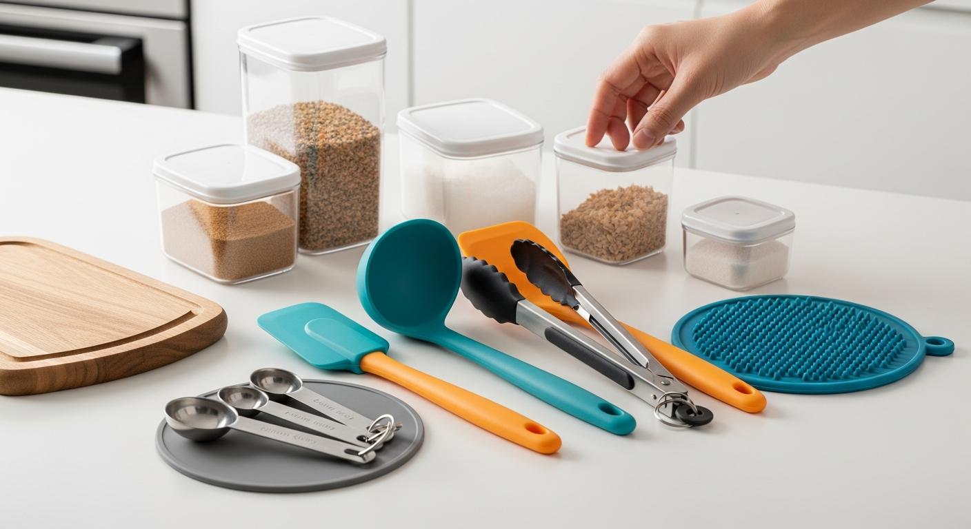 다이소 스타일의 저가 주방용품 필수템들이 테이블에 정리된 모습