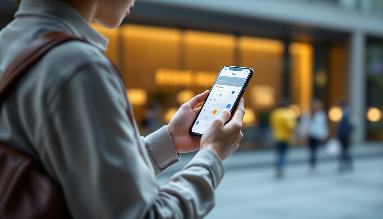 미술관 앞에서 스마트폰으로 전시 일정과 예약을 확인하는 관람객의 클로즈업 장면