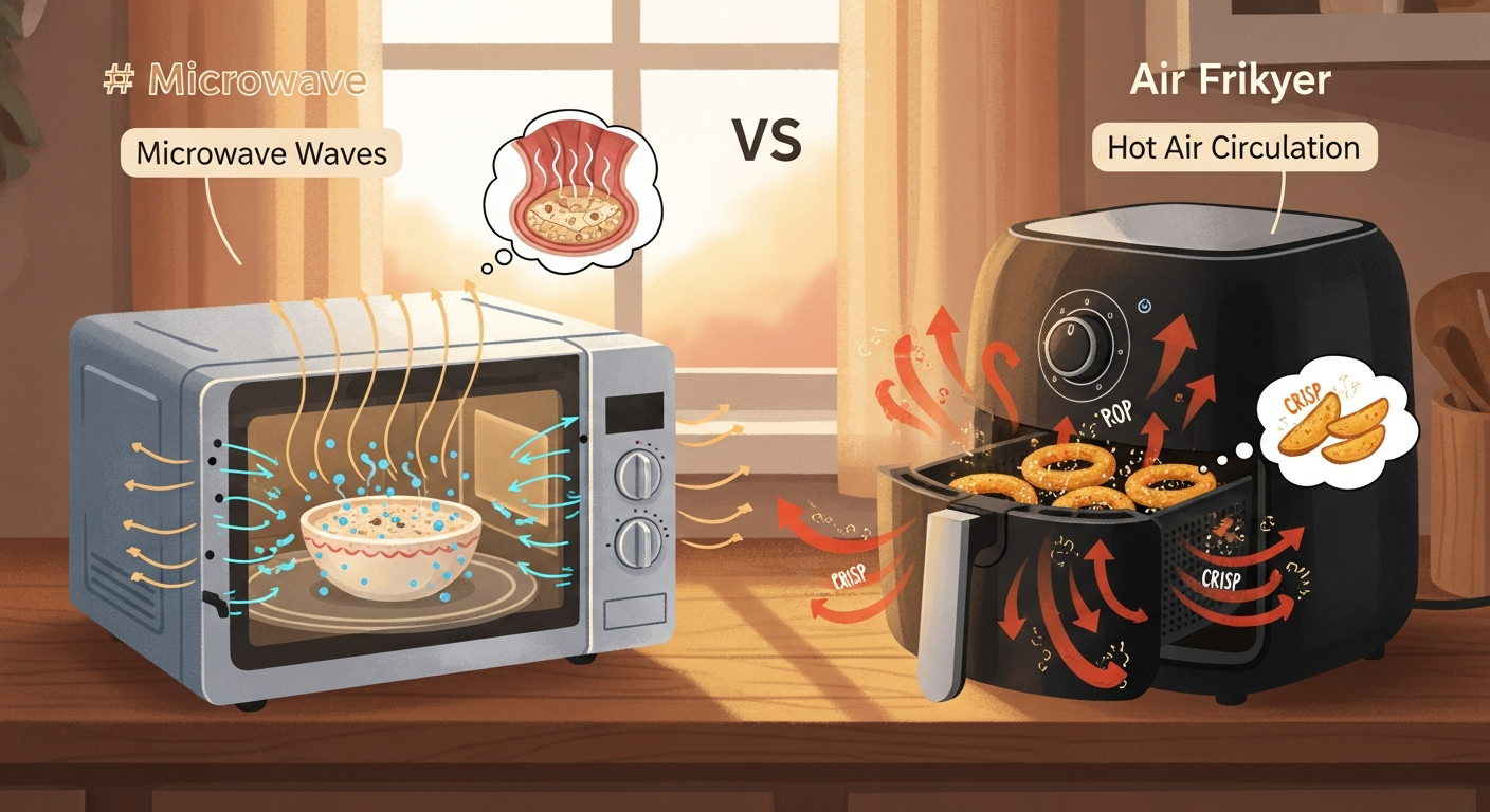 전자레인지와 에어프라이어의 작동 원리를 따뜻한 동화풍 일러스트로 표현한 이미지