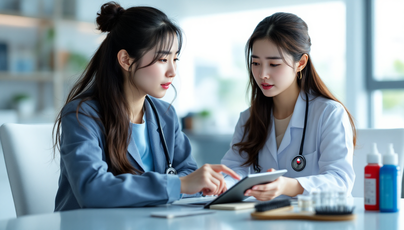 의사와 상담 중인 한국 여성과 혈액 검사 결과 보이며 탈모를 암시하는 소품이 포함된 의료 상담 이미지