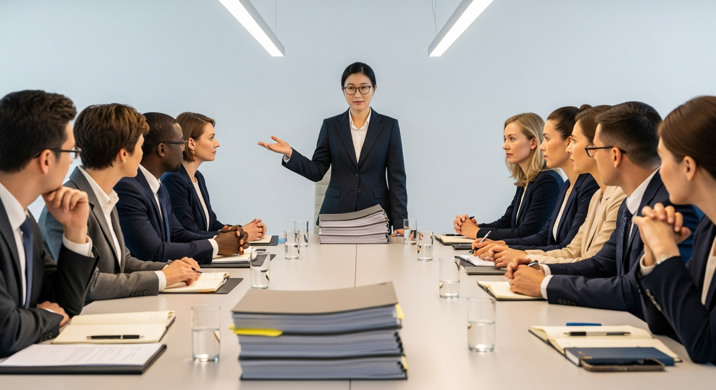 중재자가 대표단을 이끄는 협상 테이블의 한국인 중재자와 대표단의 실사 이미지