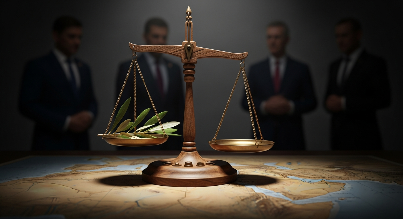 평화의 상징인 올리브 가지와 빈 공간이 놓인 저울과 흐릿한 외교관 실루엣, 지역 지도가 배경에 보이는 상징적 이미지