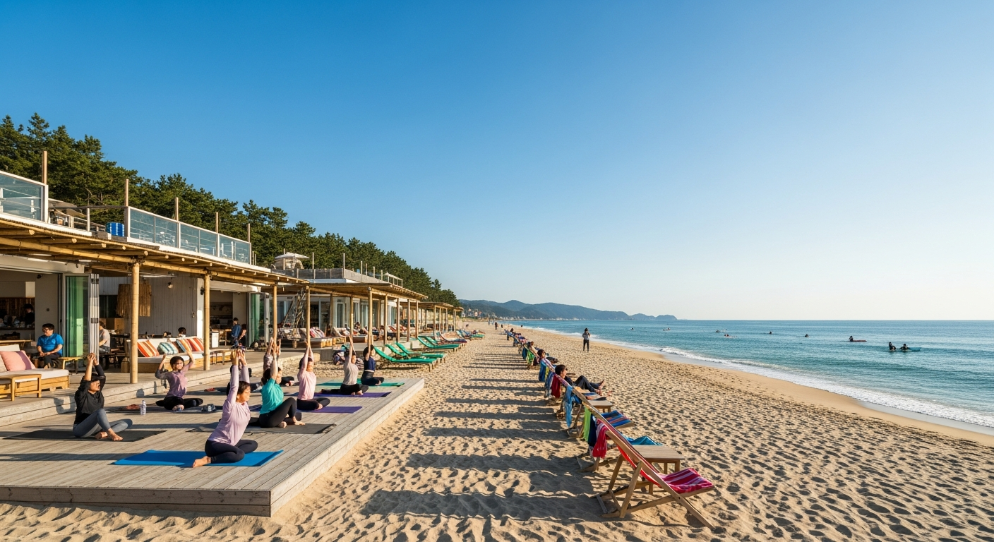 양양의 한적한 서핑 해변과 근처 감성 카페, 요가를 즐기는 모습