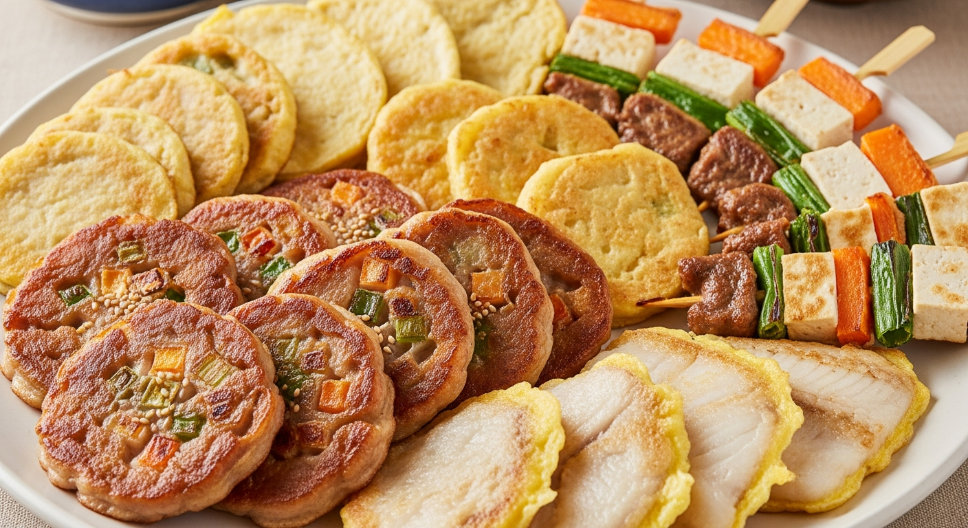 명절 후 남은 다양한 전 종류가 아름답게 담긴 접시