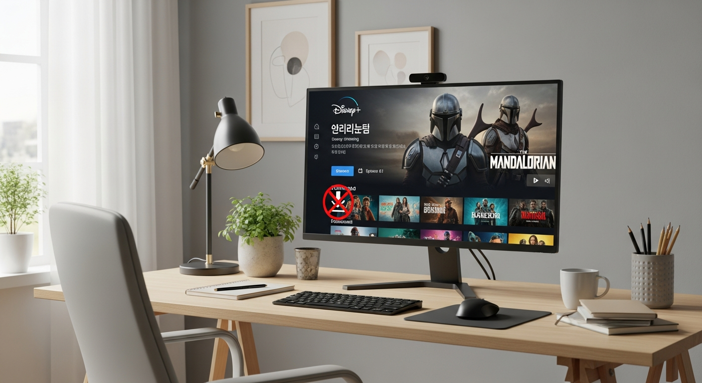 PC에서 디즈니+ 스트리밍은 가능하지만 다운로드는 지원하지 않는 모습