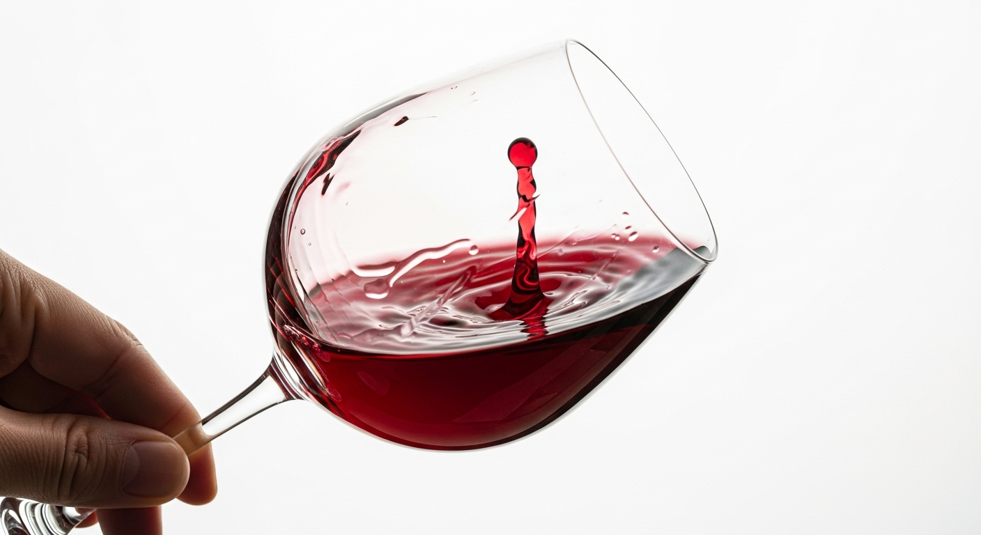 손이 와인잔 다리를 잡고 와인을 돌리는 모습을 클로즈업으로 보여주는 이미지
