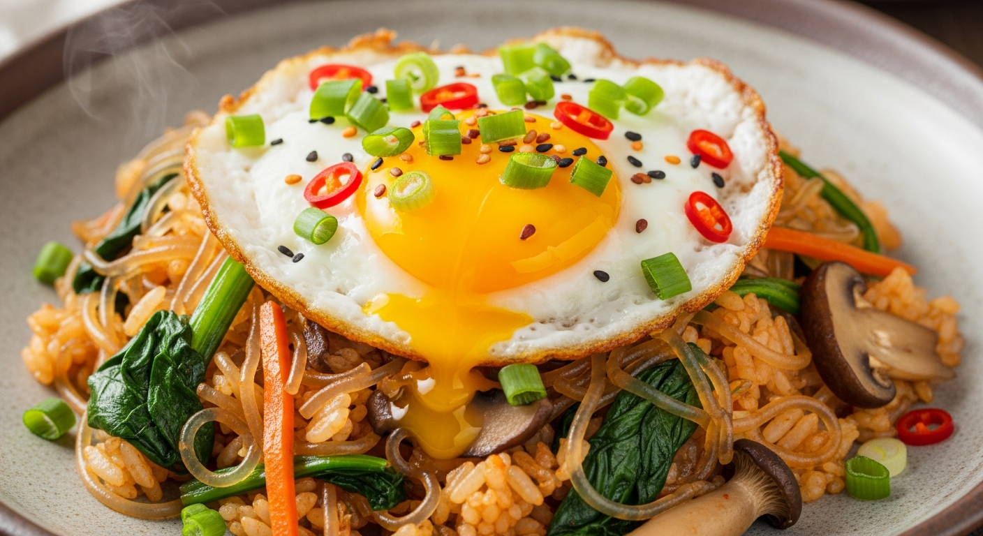 매콤한 잡채 볶음밥 위에 반숙 계란이 올려진 모습