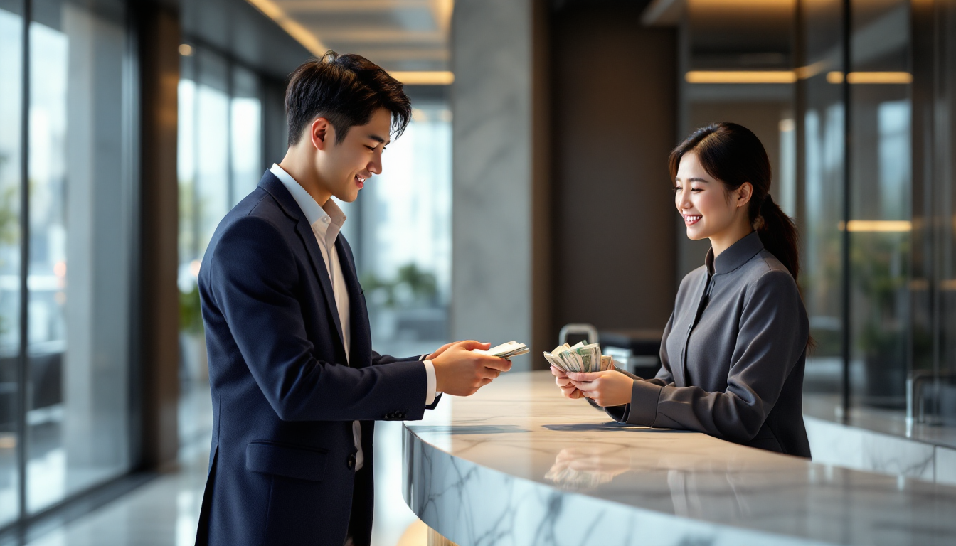 은행 창구에서 현금을 받으며 재정적 안정과 신뢰를 느끼는 한국인 성인