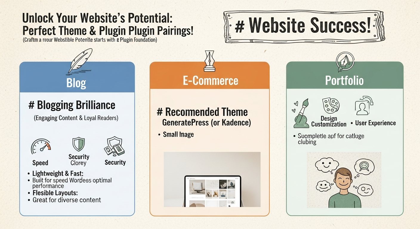 목적별 최적의 워드프레스 테마와 플러그인 조합을 설명하는 따뜻한 느낌의 인포그래픽 이미지