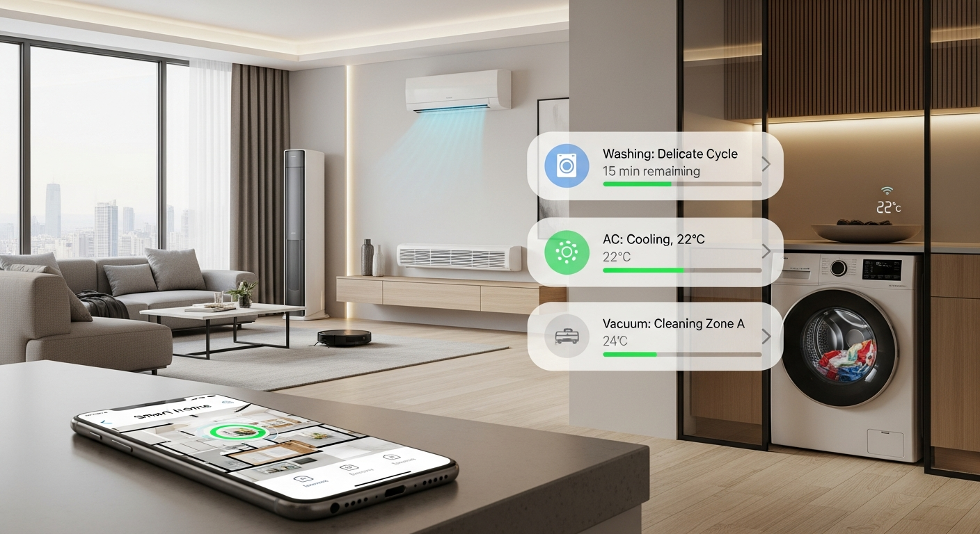스마트폰으로 제어되는 여러 AI 가전제품이 있는 현대적인 스마트홈 실내 모습