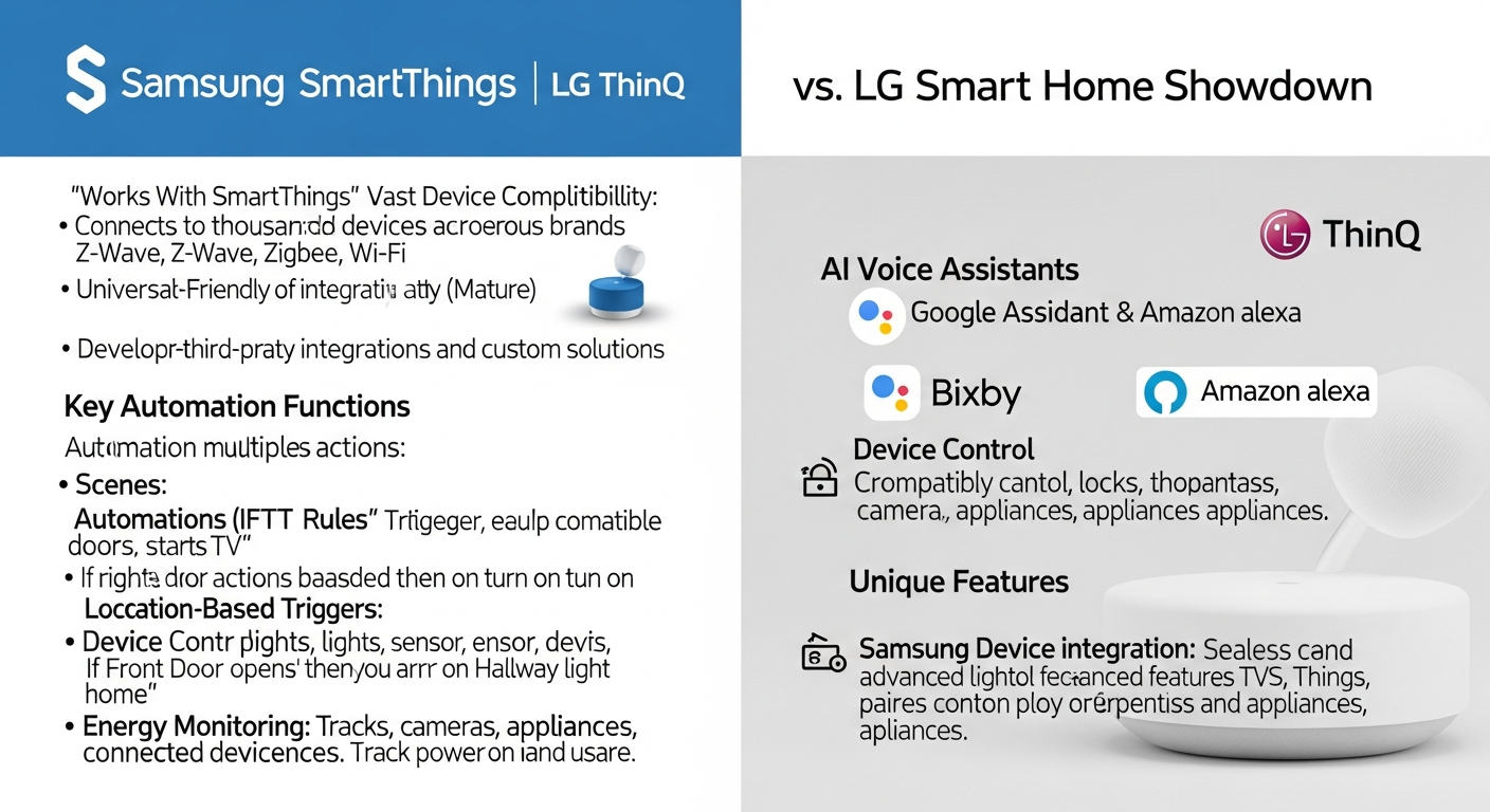 삼성 스마트싱스와 LG ThinQ 플랫폼의 특징과 차이점을 보여주는 비교 인포그래픽