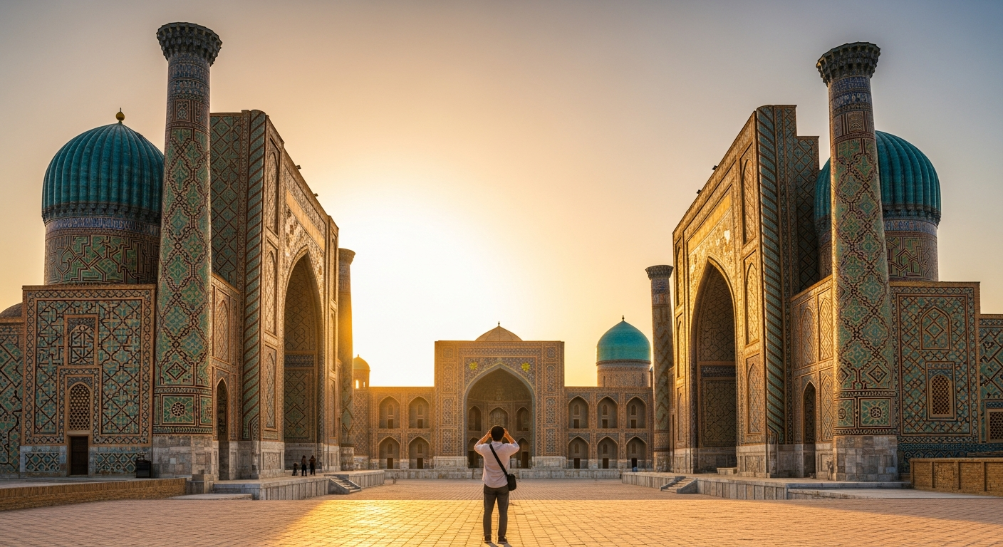 황금빛 시간대의 사마르칸트 레지스탄 광장에서 푸른 돔과 모자이크를 감상하는 한국인 여행자