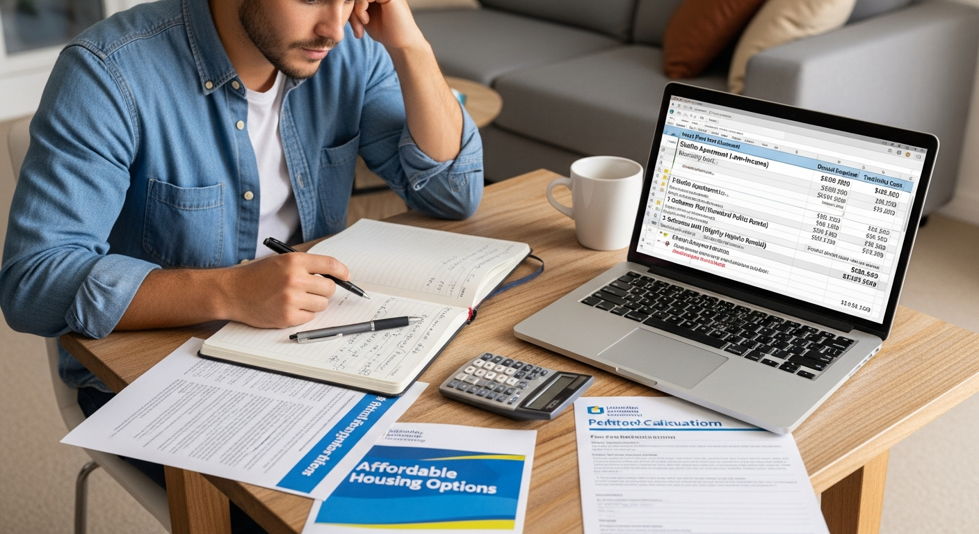 청년 공공임대주택 임대료 수준과 비용을 비교하며 계산하는 모습