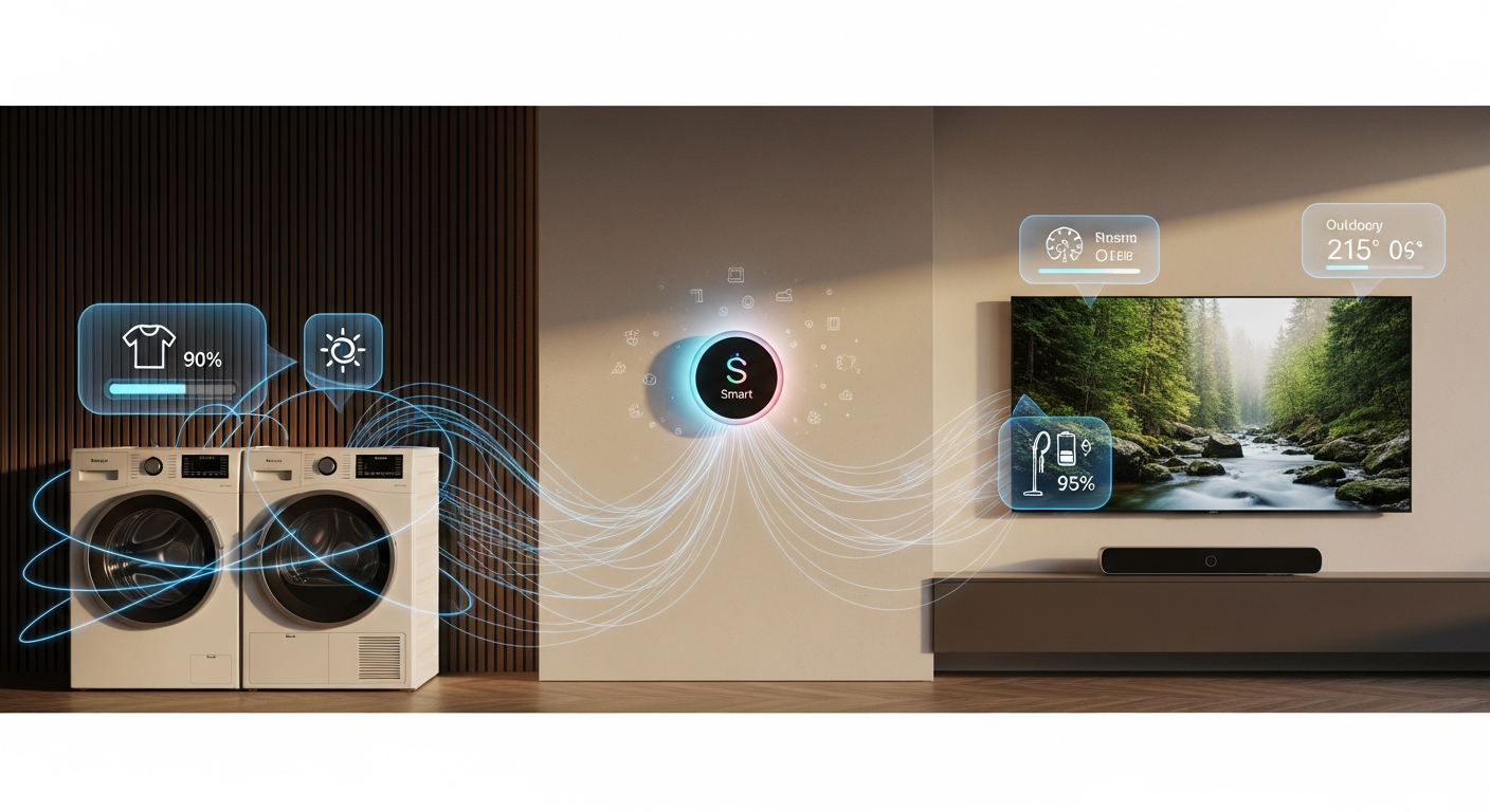 AI 가전제품들이 하나로 연결된 스마트 홈 생태계 이미지