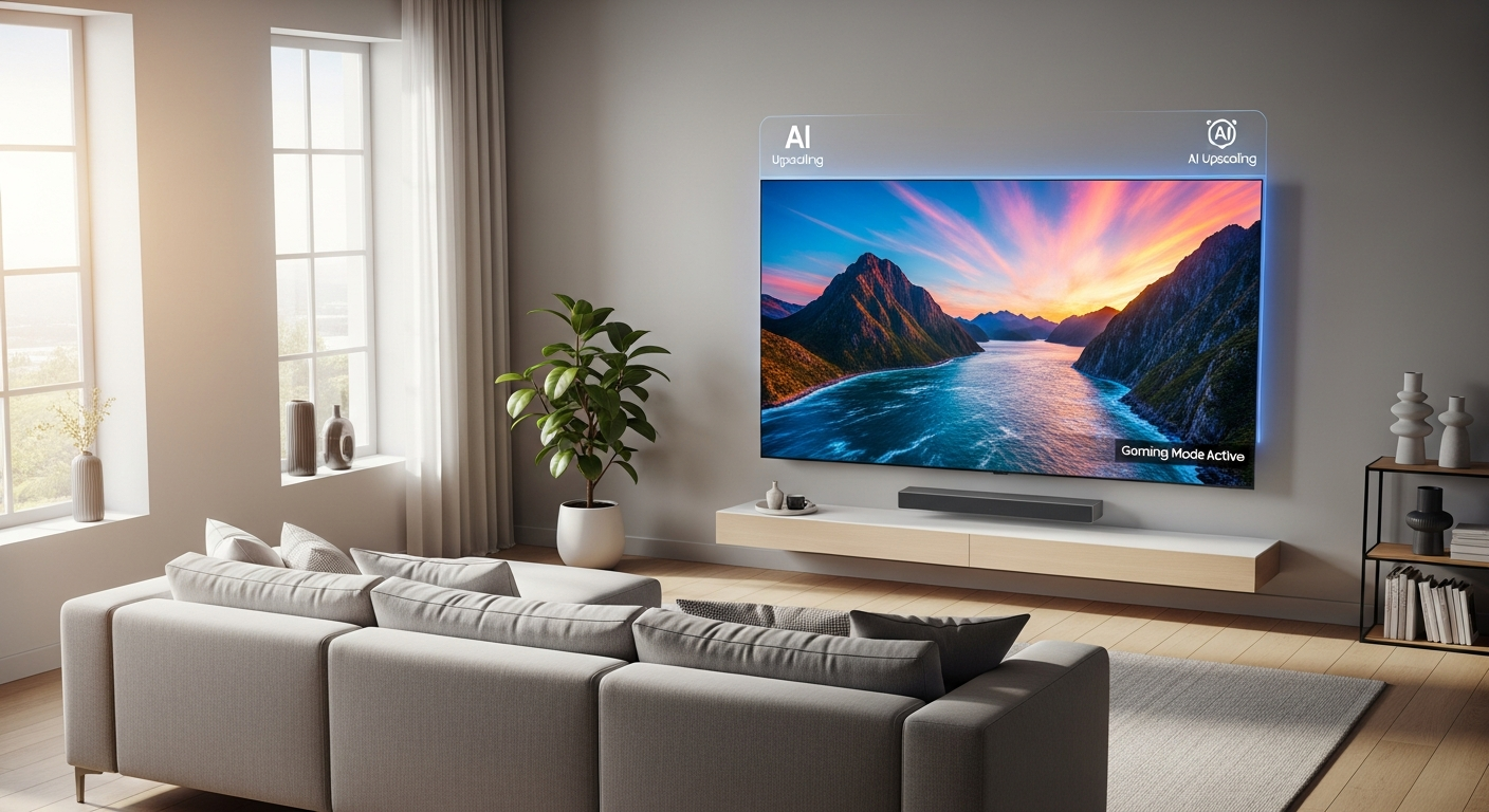 삼성 Neo QLED 8K TV가 밝은 거실에서 선명한 화면과 게임 모드를 보여주는 모습