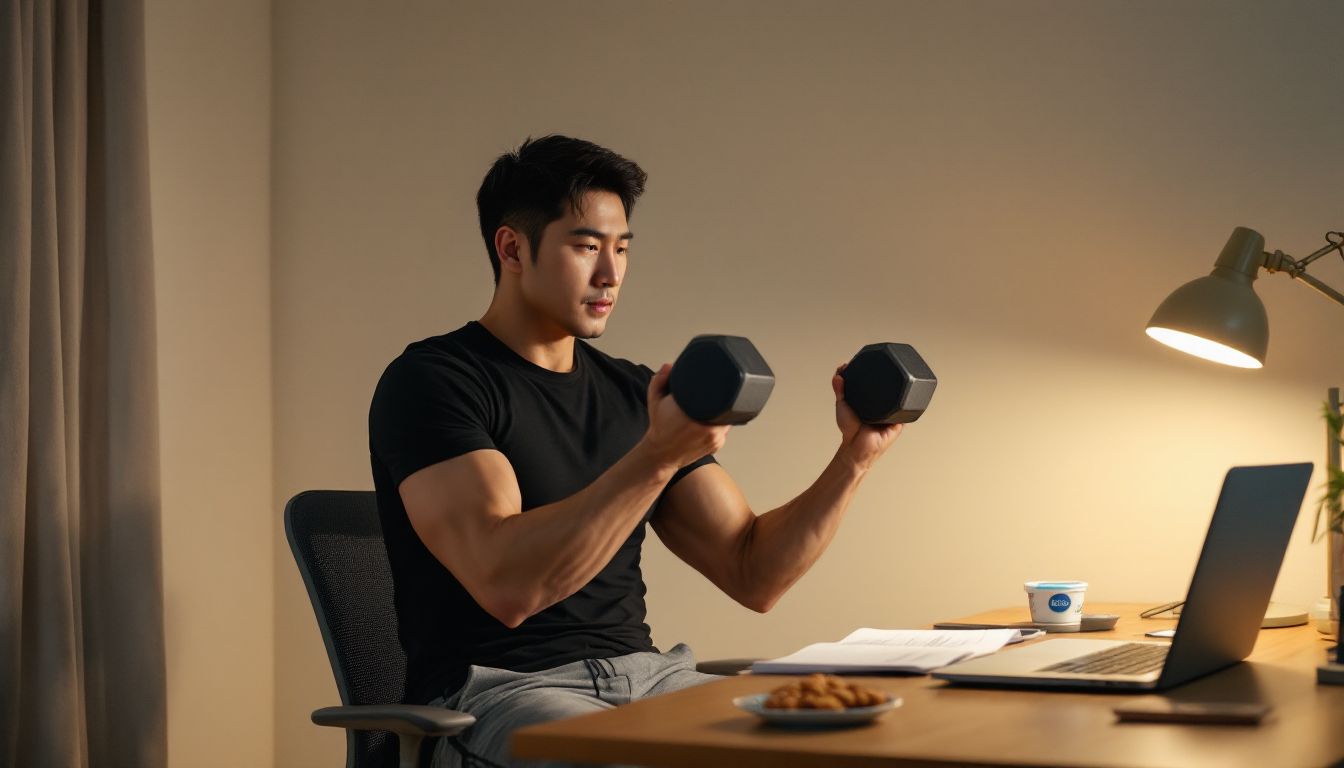 30대 직장인이 집에서 덤벨 운동을 하며 책상 위에 건강한 간식이 놓인 장면 설명