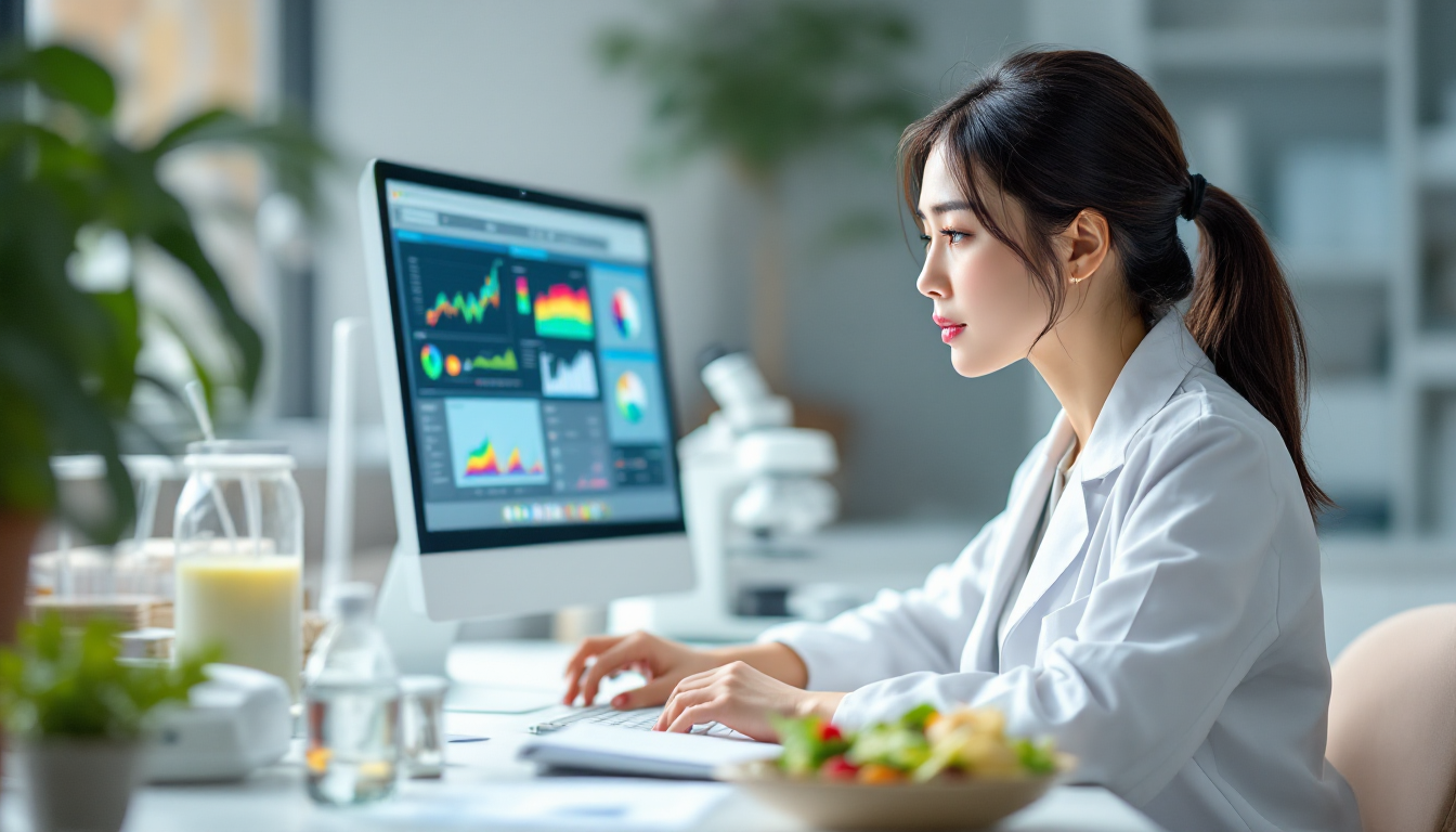 임상 연구실에서 차트와 건강식 시료를 보며 분석하는 한국인 여성 연구원의 장면