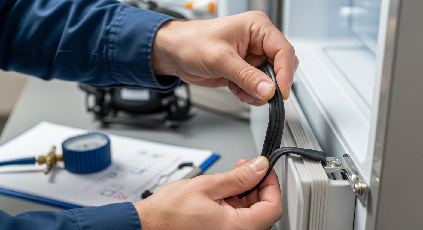 중고 냉장고 상태 점검을 하는 손과 도구들의 근접 사진