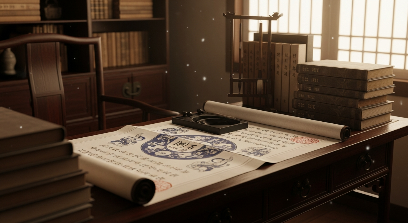 운명의 지도와 철학적 고찰을 나타내는 전통 한국 서재의 모습