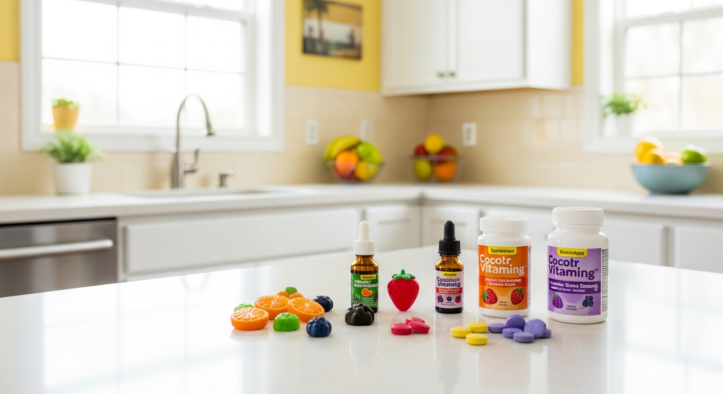 아이들이 좋아하는 맛 좋은 영양제 젤리를 먹는 즐거운 모습