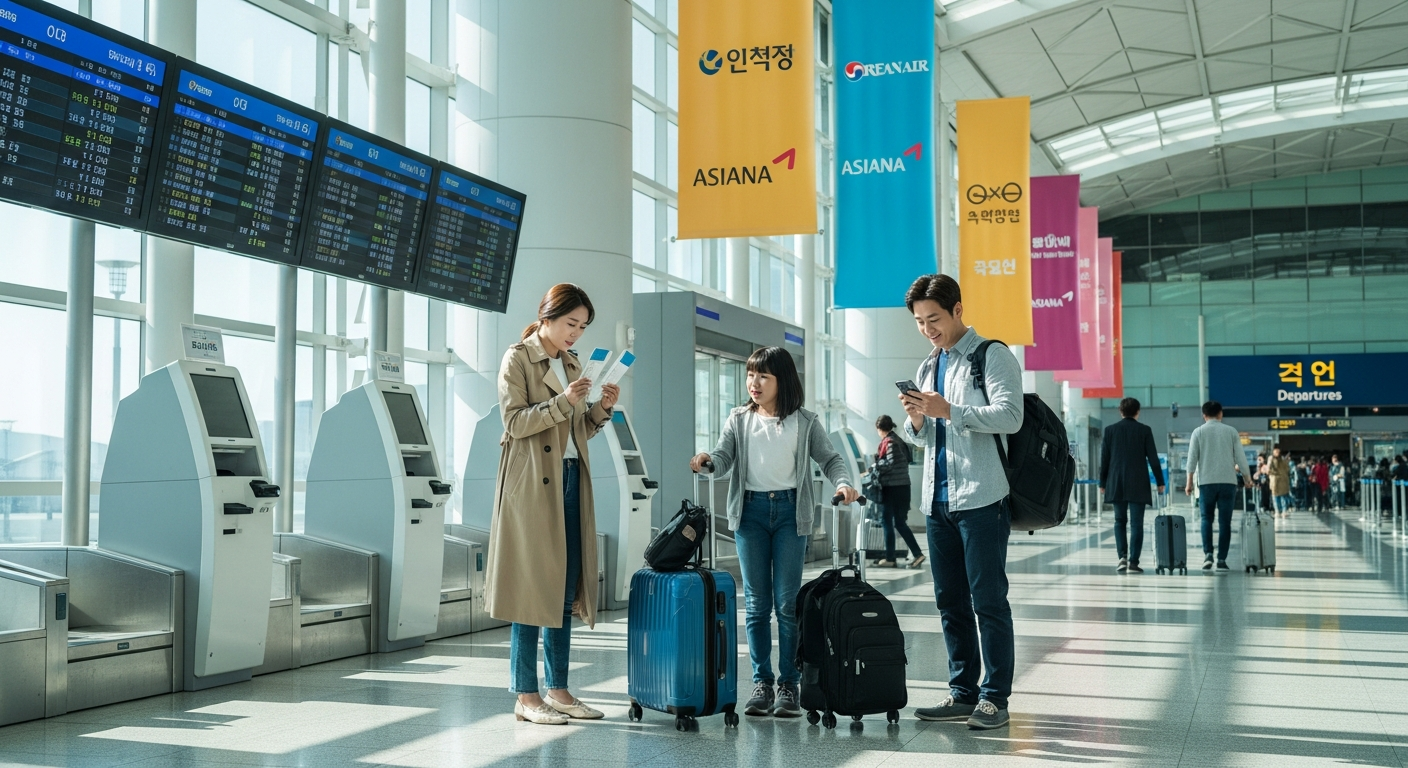 공항에서 항공권과 짐을 들고 여행을 준비하는 가족 모습