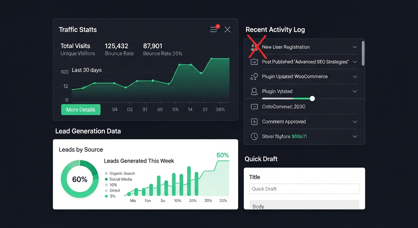 워드프레스 대시보드에서 중요한 데이터 위젯이 표시되고 불필요한 위젯은 숨겨진 화면