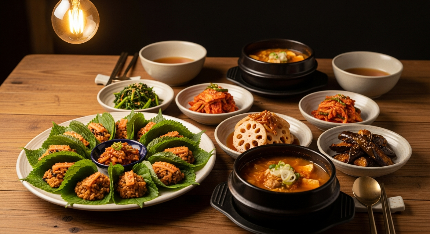 봄동 쌈밥, 연근 피클, 된장찌개가 놓인 훈훈한 식탁 분위기