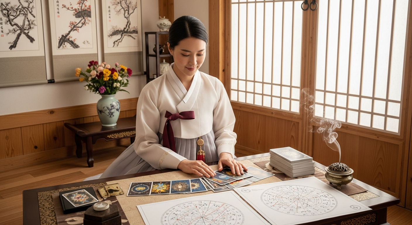 동양 운명술사가 점성술 차트와 타로 카드를 준비하는 모습의 실사 일러스트