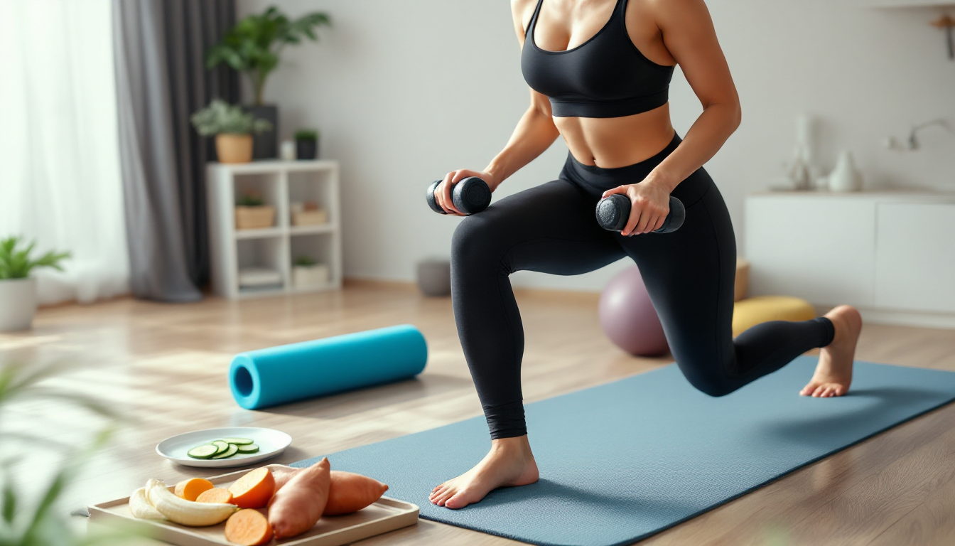 배형 체형의 한국인 성인이 런지를 하는 장면과 바나나 오이 고구마가 놓인 식단 이미지