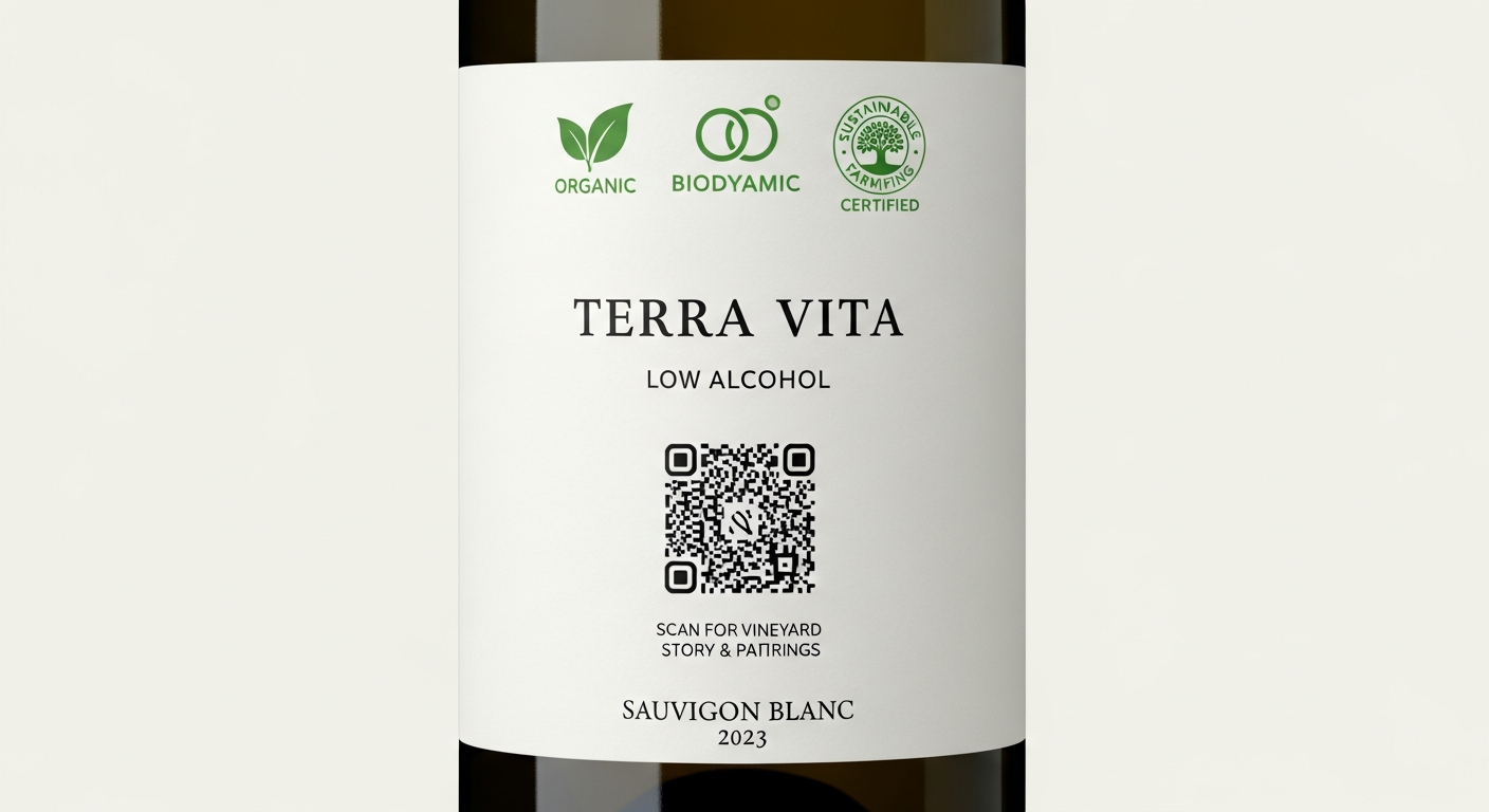 지속가능성 인증 마크와 QR코드, 저알코올 표기가 포함된 최신 와인 라벨 이미지