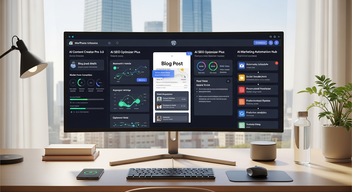 2026년 워드프레스 AI 자동화 관리 화면을 보여주는 현대적인 한국 사무실 모습