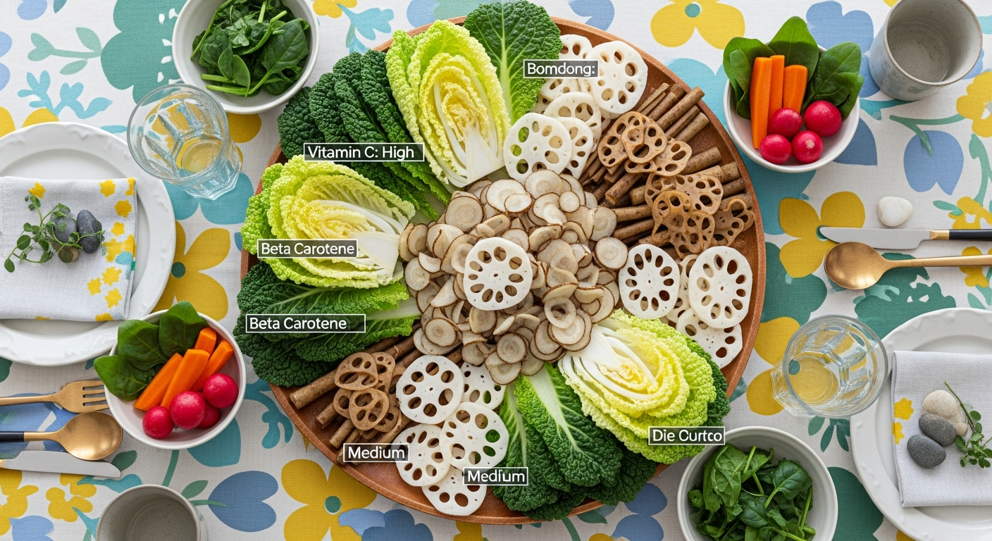 2월 제철 채소 봄동, 우엉, 연근이 영양 핵심 정보와 함께 놓인 식탁