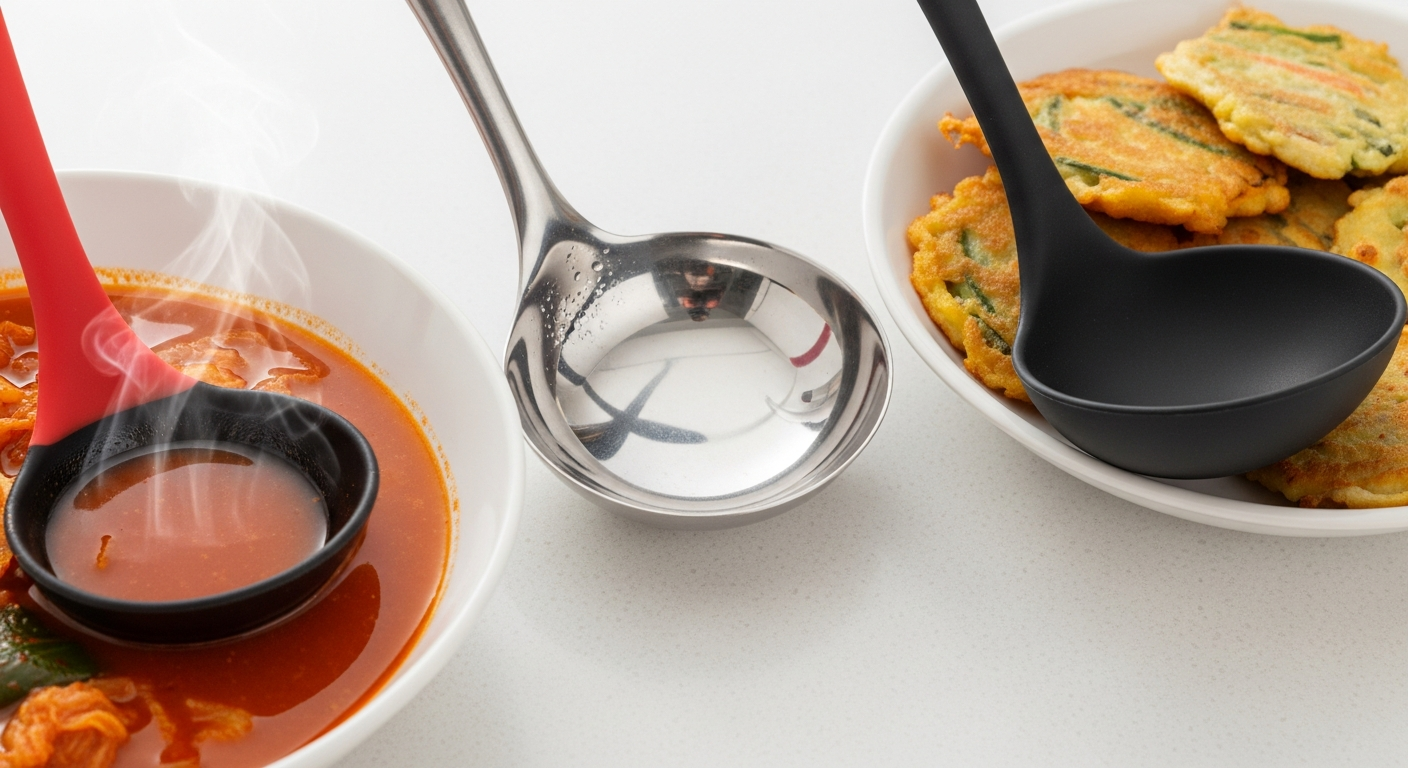 국자 재질별 특징과 용도에 맞는 사용법을 보여주는 다양한 국자의 모습