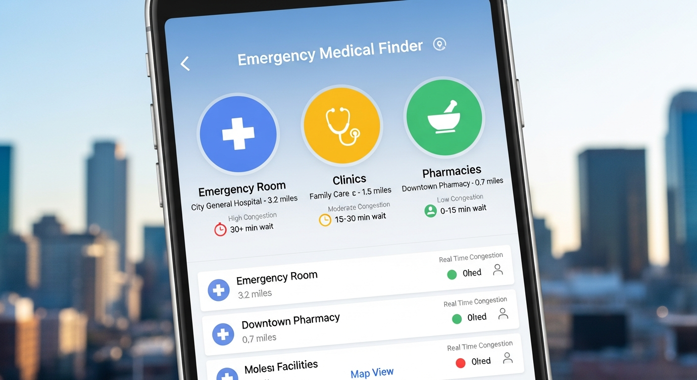 스마트폰 화면에 표시된 실시간 응급실 혼잡도 정보와 병원 약국 아이콘들