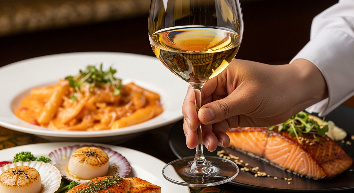 샤르도네 와인과 크리미한 파스타, 버터 관자구이 등 부드러운 요리를 함께 즐기는 장면