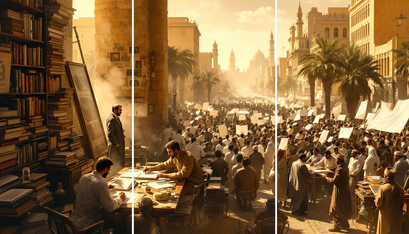 1900년대부터 현재까지 중동을 형성한 세 이념을 상징하는 삼분할 이미지 왼쪽 19세기 레반트 지식인들이 인쇄기와 책들 사이에 앉아 있는 모습 가운데 1950년대 카이로의 민족주의 집회 군중 오른쪽 현대의 정치이슬람을 상징하는 모스크 옆의 지역사회 토론 모습